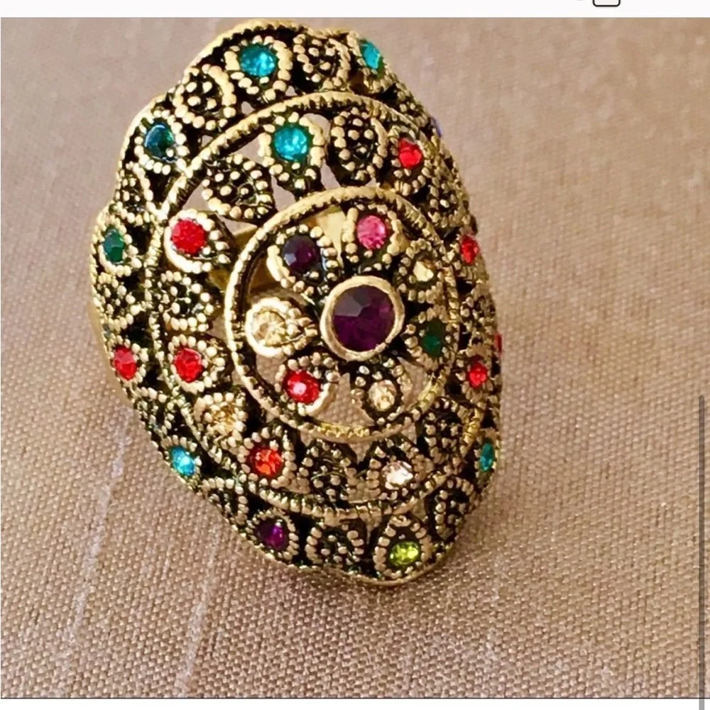 ✨ Turkish Multi Color Crystal Statement Cocktail Ring - Picture 3 of 12